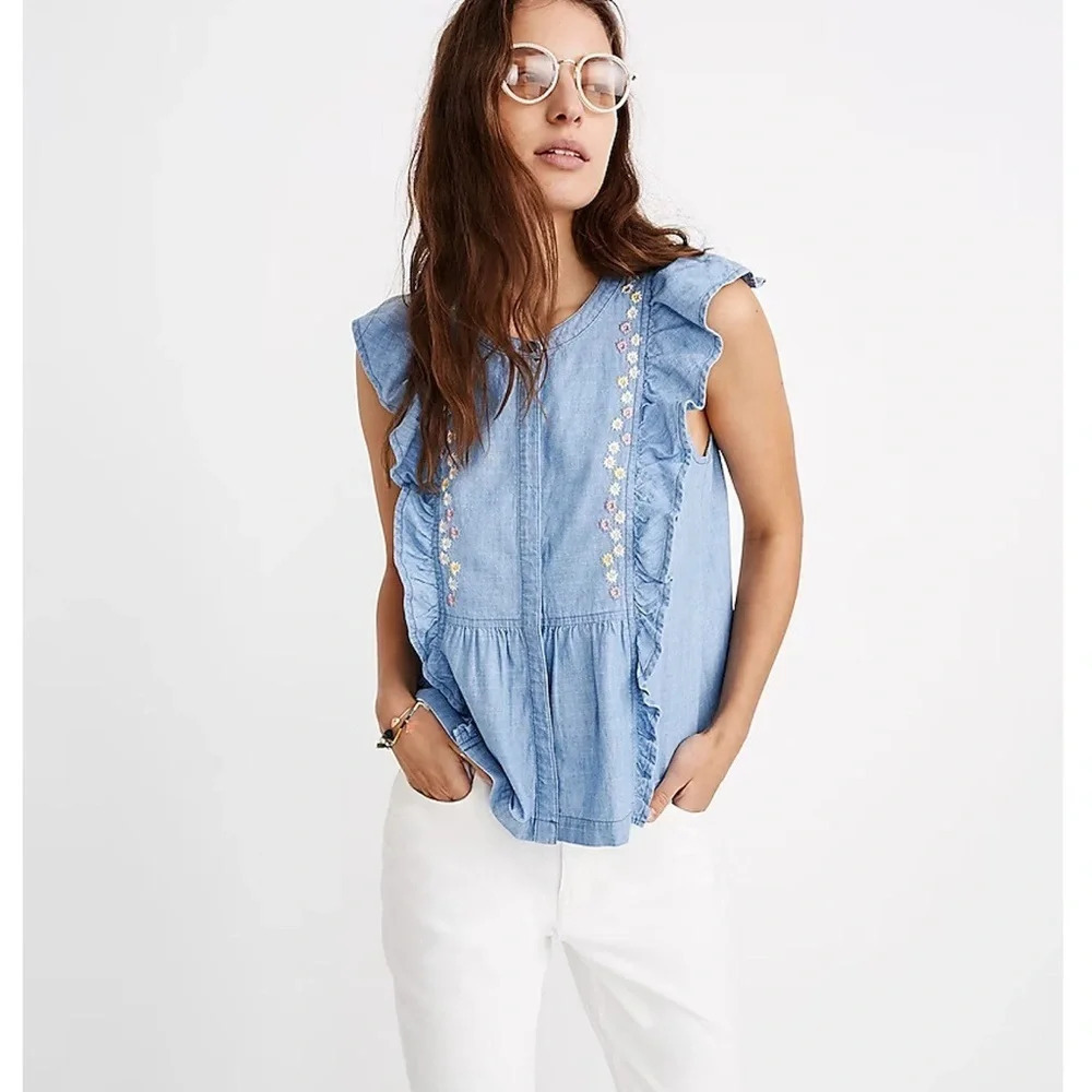 Floral Embroidered Denim Ruffle Top| Size XXS